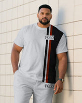 Men's Plus Size Casual Gray & Red & Black Color Matching Chest "POLO" Logo Printed Short Sleeve T-shirt Shorts Suit